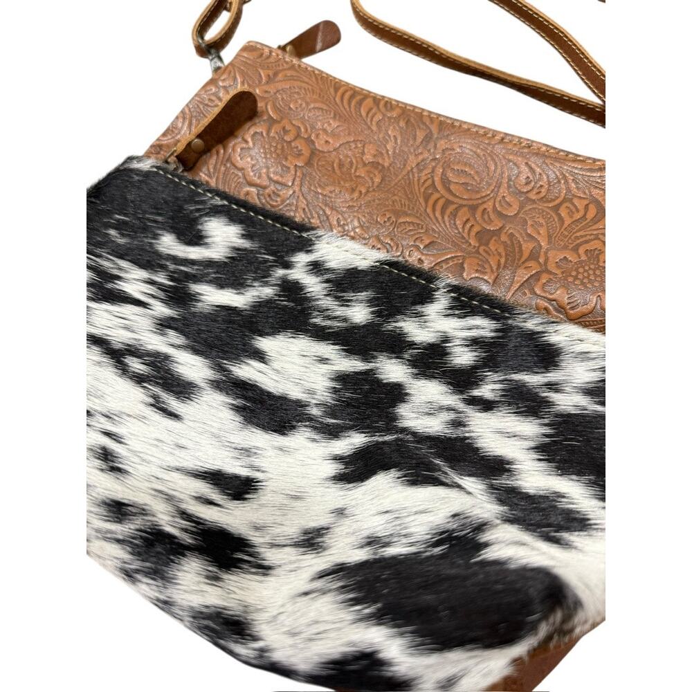 MYRA Leather Western Cow Hair Animal Print Crossbody Bag Tooled Leather - Picture 2 of 7